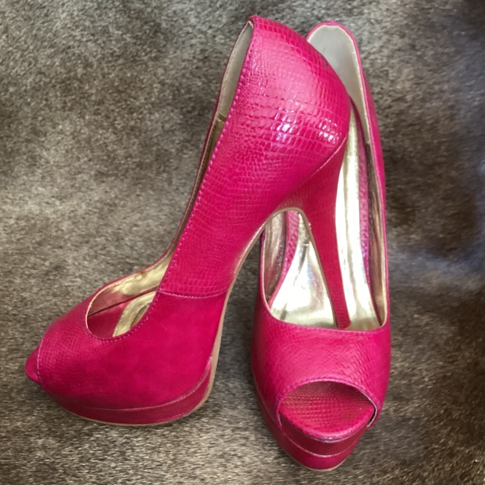 C Label Bright Pink Gold Peep Toe Stick Heels